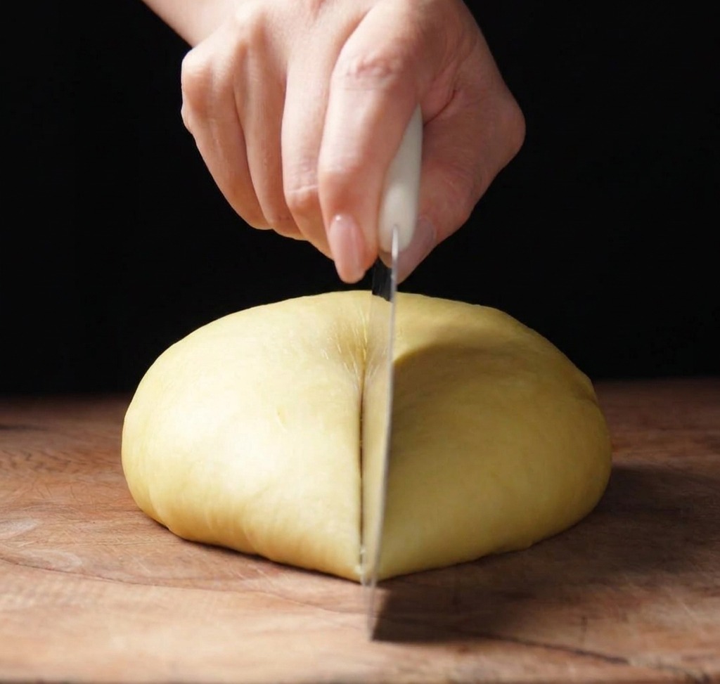 A hand using a white-handled scraper to cut a mound of yellow brioche dough into equal sections on a wooden board.