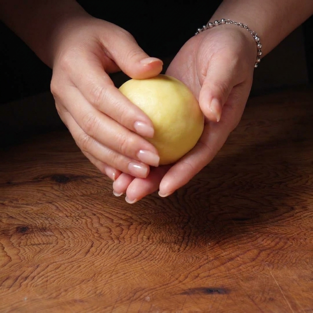 Two hands carefully rolling and shaping a piece of yellow dough into a smooth, tight ball on a wooden countertop.