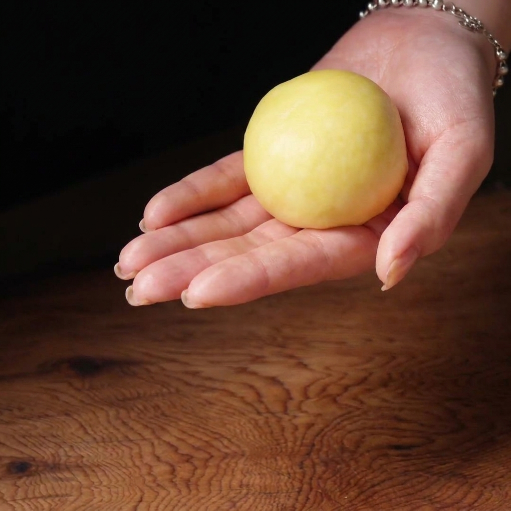 A person holding a perfectly smooth, round yellow dough ball in the palm of their hand.