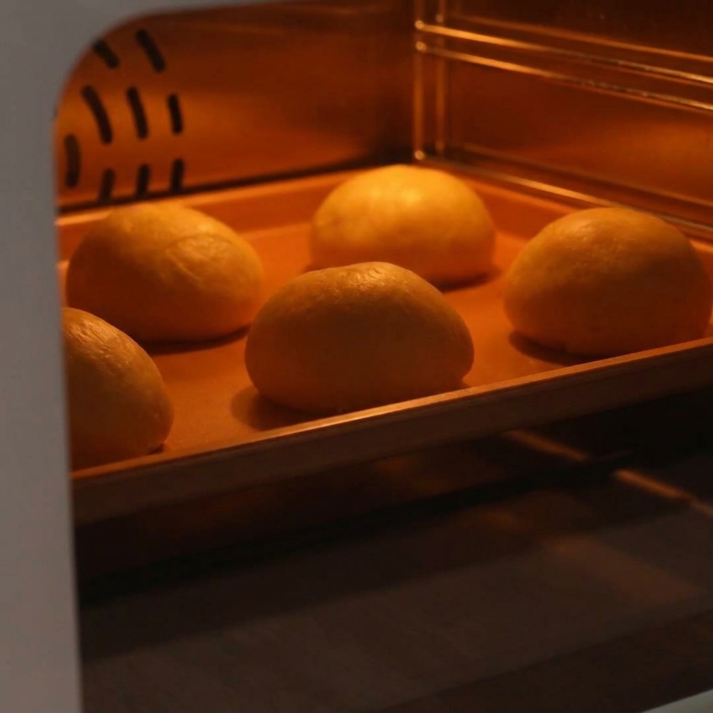 Four rounded dough balls resting on a baking tray inside a warm oven, appearing puffy and increased in size.