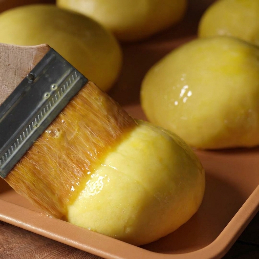 A close-up shot of a wooden pastry brush coating a round dough ball with shiny yellow egg wash.