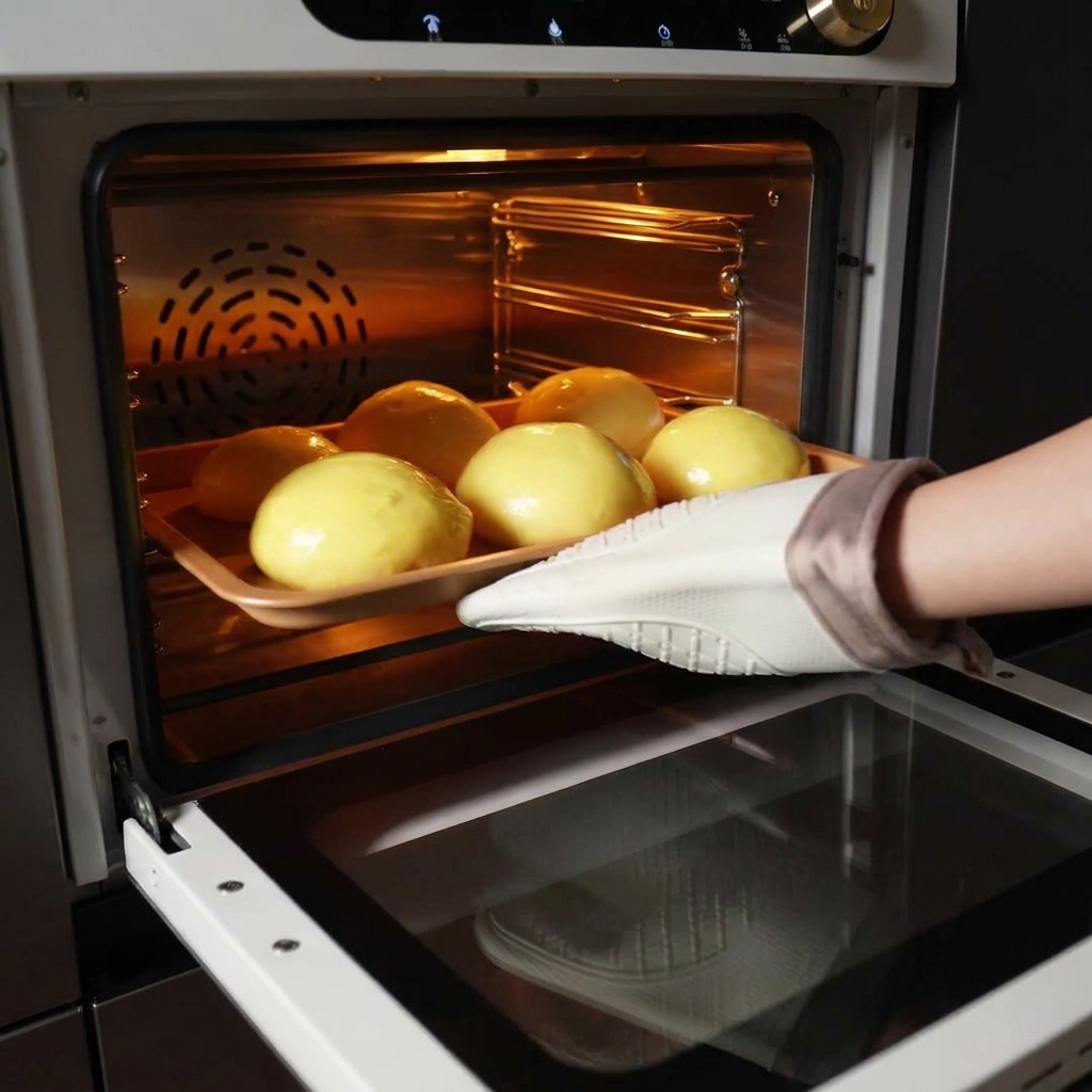A hand wearing an oven mitt sliding a tray of six egg-washed dough balls into a brightly lit oven.