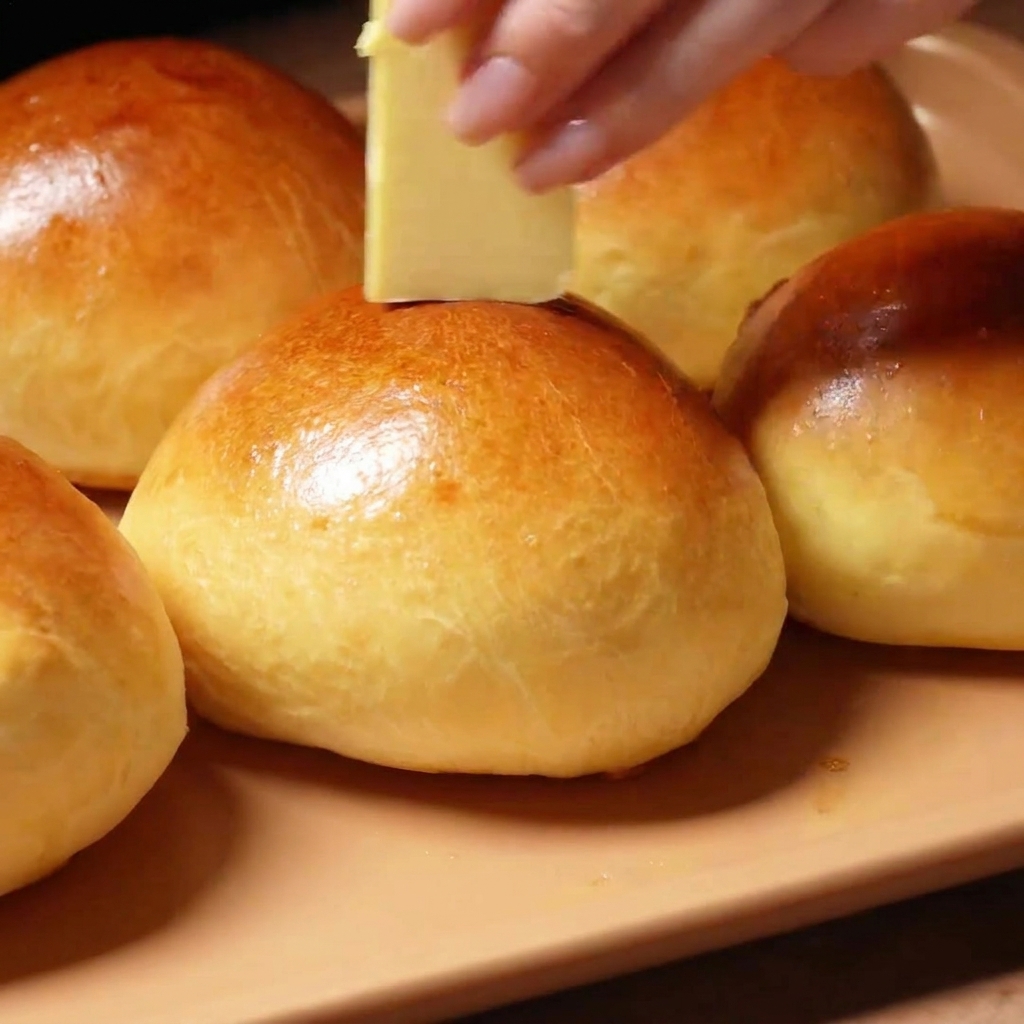 A close-up of a hand rubbing a rectangular block of butter over the shiny, golden crust of freshly baked brioche buns.