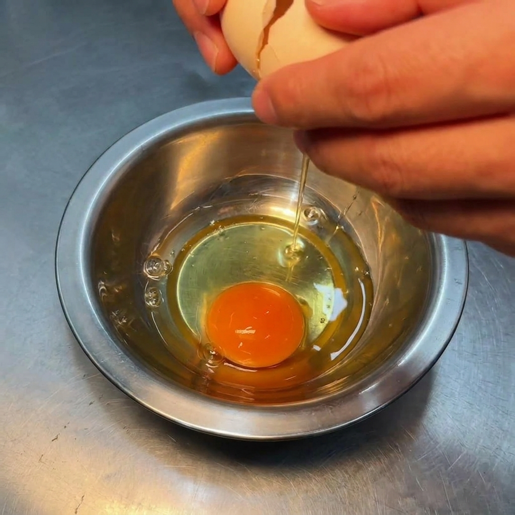 Hands cracking a raw egg into a small stainless steel bowl containing another egg.