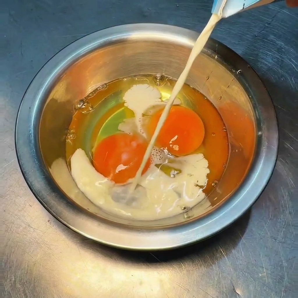 Pouring milk from a carton into a bowl of raw eggs.