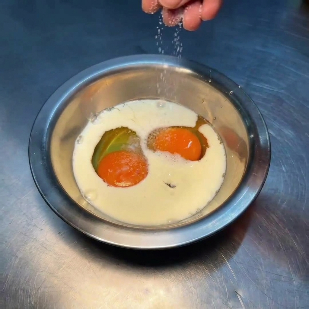A hand sprinkling salt and white pepper into a bowl of eggs and milk.