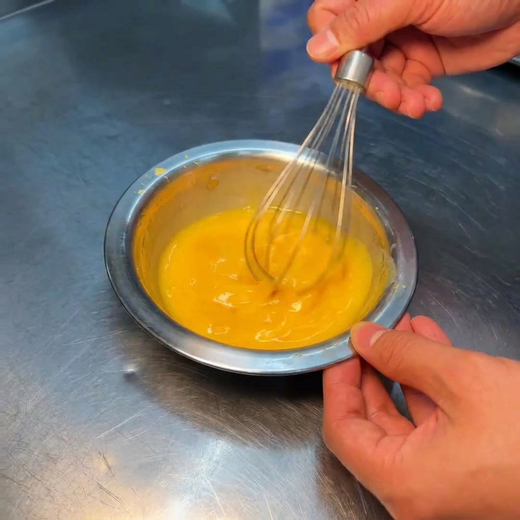 Whisking a smooth, bright yellow egg mixture in a stainless steel bowl.