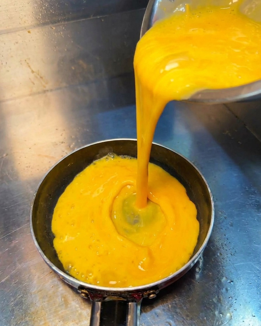 Pouring smooth yellow egg liquid into a small, hot frying pan.
