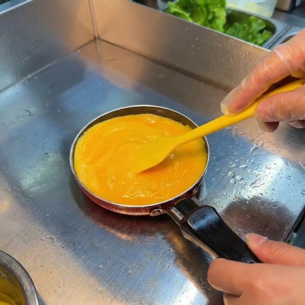 A hand stirring soft, partially cooked scrambled eggs in a small pan with a yellow spatula.