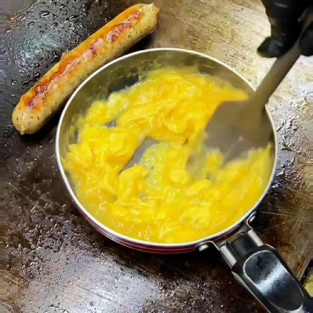 Scrambled eggs being gently stirred with a spatula in a small frying pan.