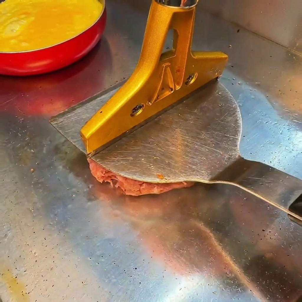 A raw beef patty being flattened on a hot grill using a heavy metal press over a spatula.