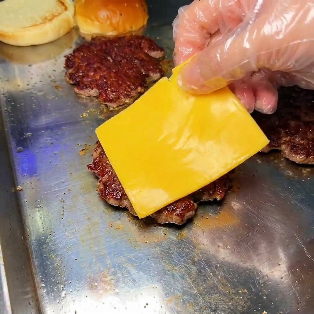 A gloved hand placing a square slice of yellow cheese onto a hot, browned beef patty.