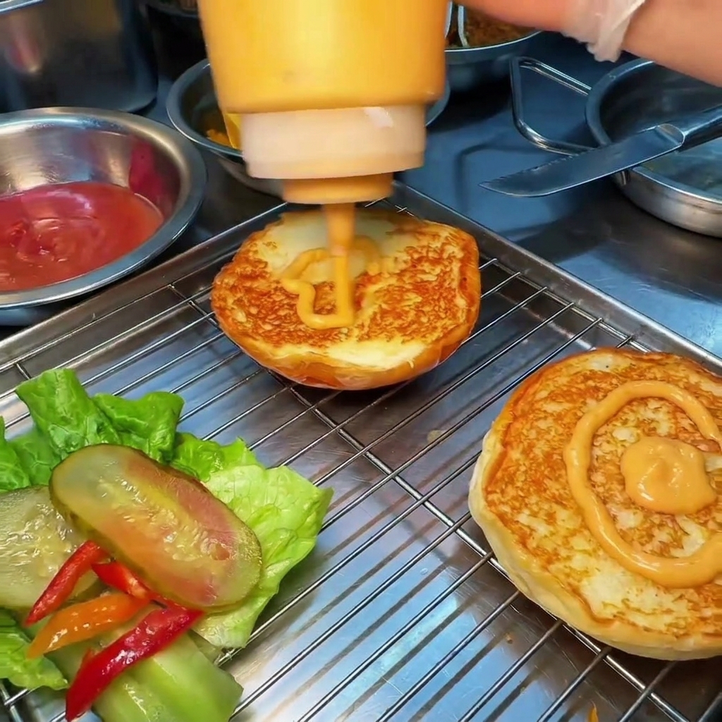 Squeezing an orange-colored burger sauce from a bottle onto toasted burger buns on a wire rack.