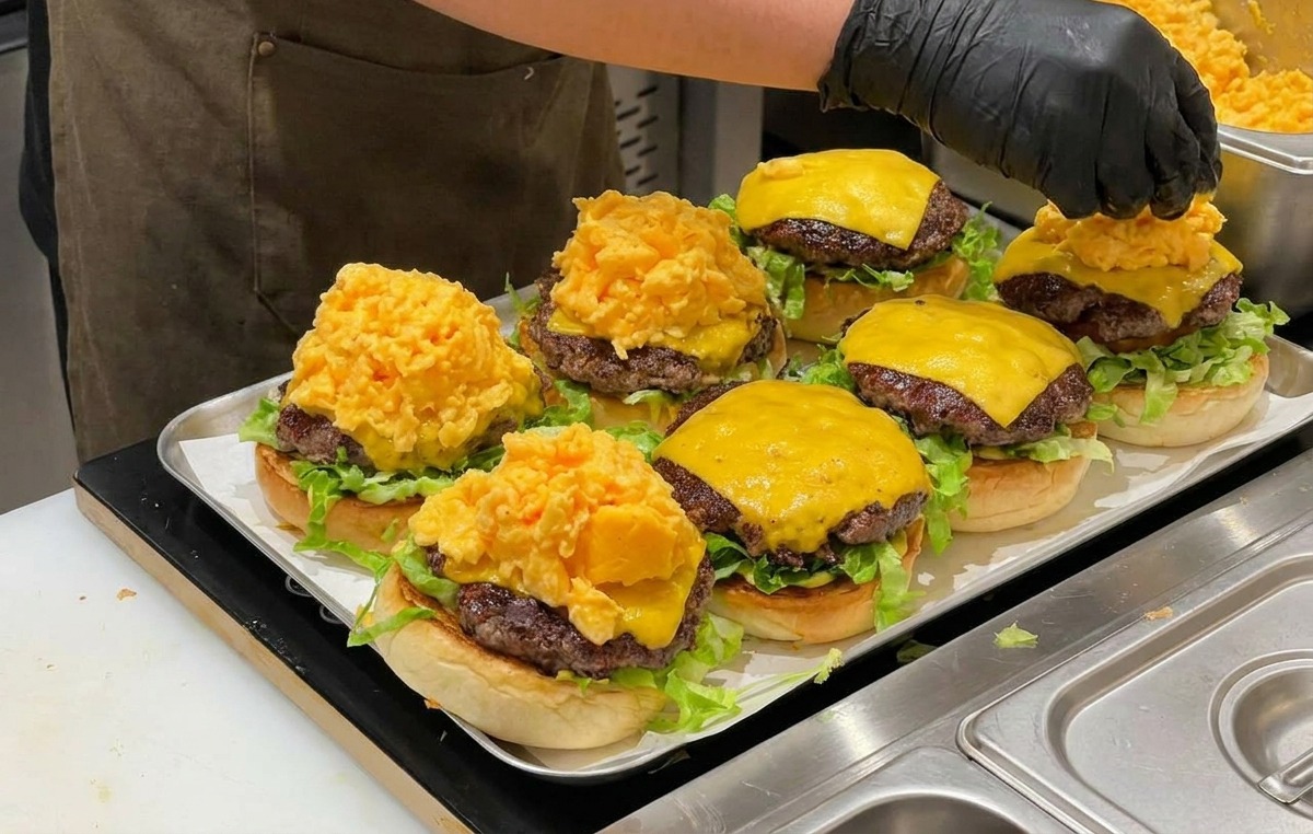 A person wearing black gloves placing a large scoop of soft scrambled eggs onto an assembled burger with a beef patty and melted cheese.