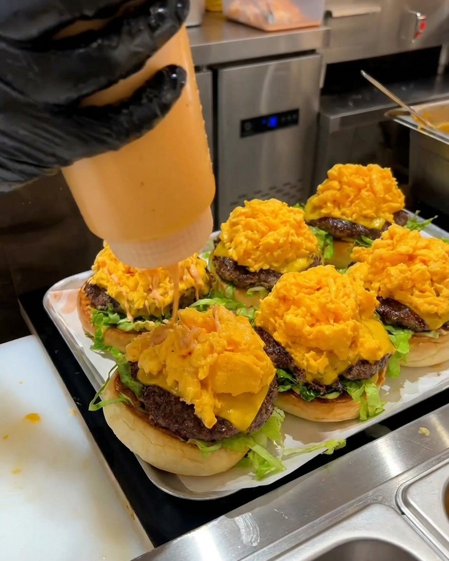 Squeezing sweet and sour orange sauce from a bottle over a thick burger topped with a mound of fluffy scrambled eggs.