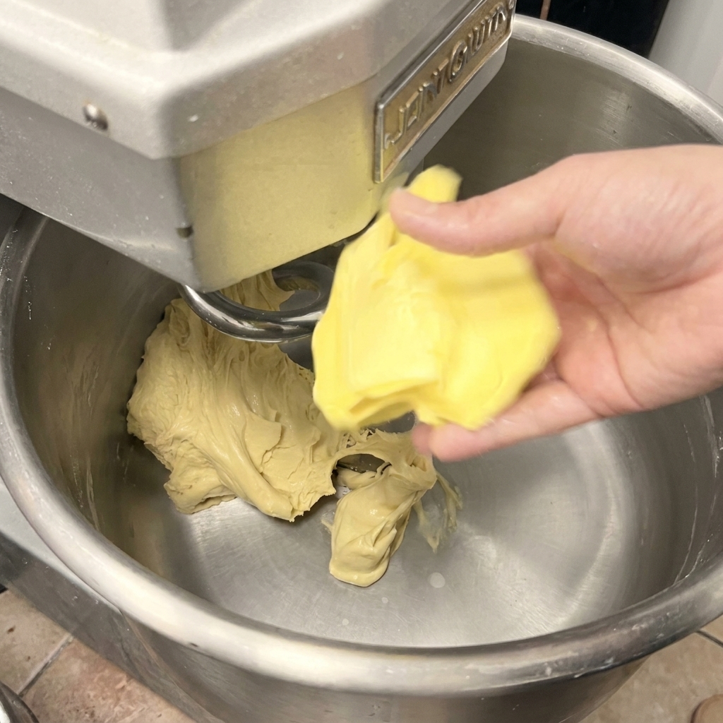 A hand adding chunks of soft yellow butter into a mixer bowl containing developed bread dough.