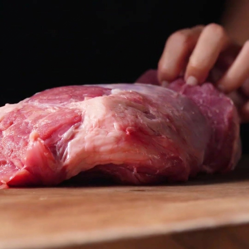 A large block of raw grain-fed beef chuck resting on a wooden cutting board.