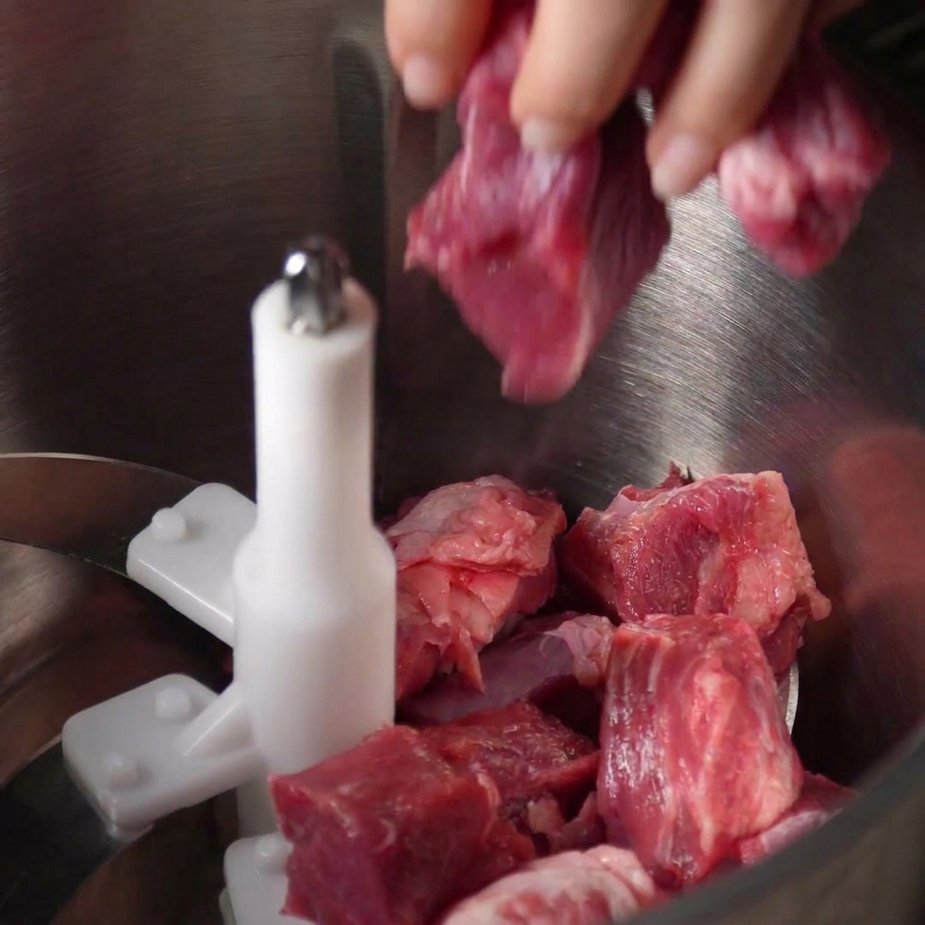 Hand dropping chunks of raw beef into a metal food processor bowl.