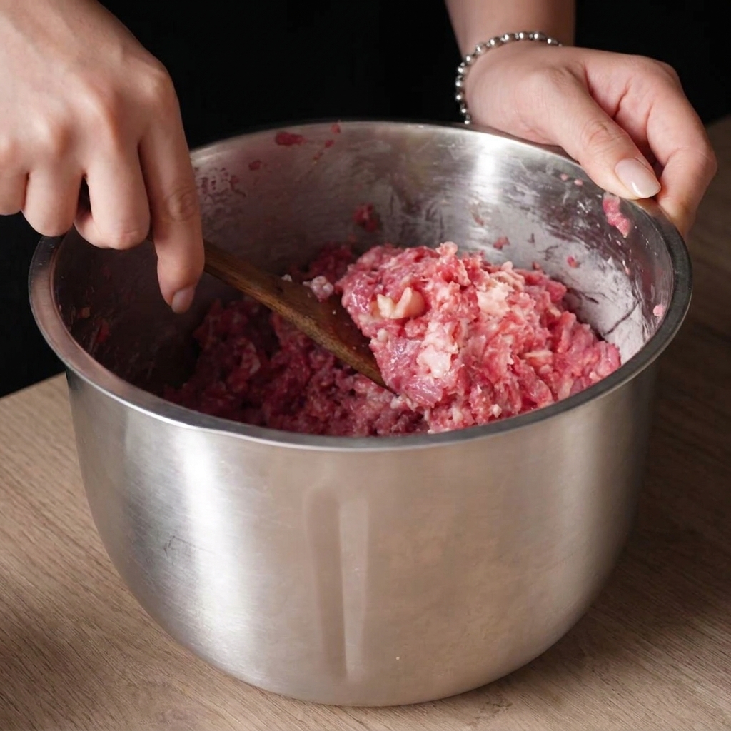 Coarsely ground raw beef scooped up on a wooden spoon inside a large stainless steel bowl.