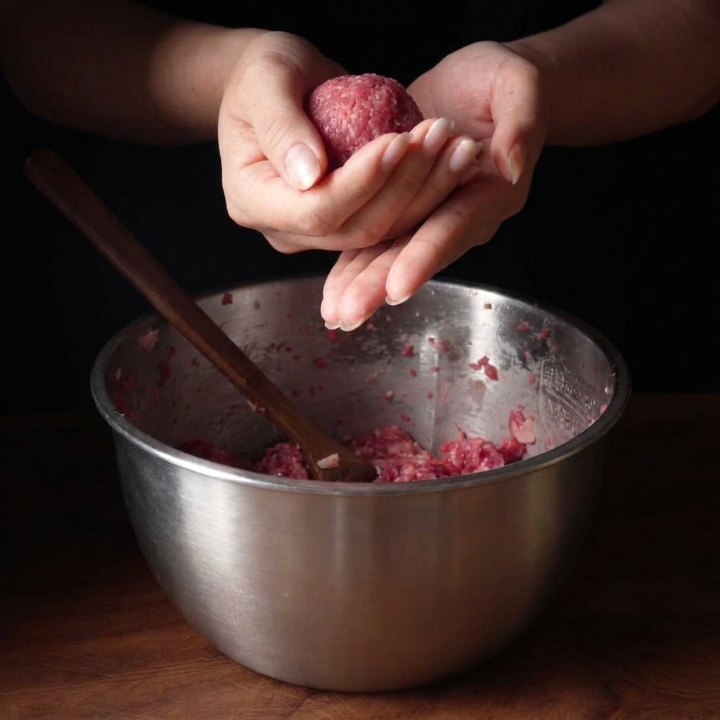 Two hands gently rolling and shaping a ball of ground raw beef over a mixing bowl.