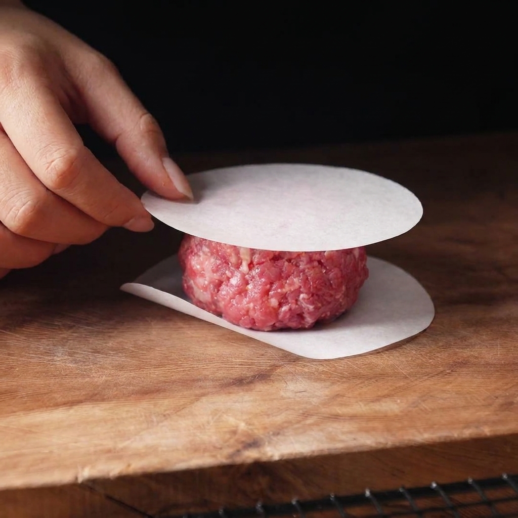 A hand placing a round sheet of parchment paper over a ball of raw ground beef to press it into a patty.