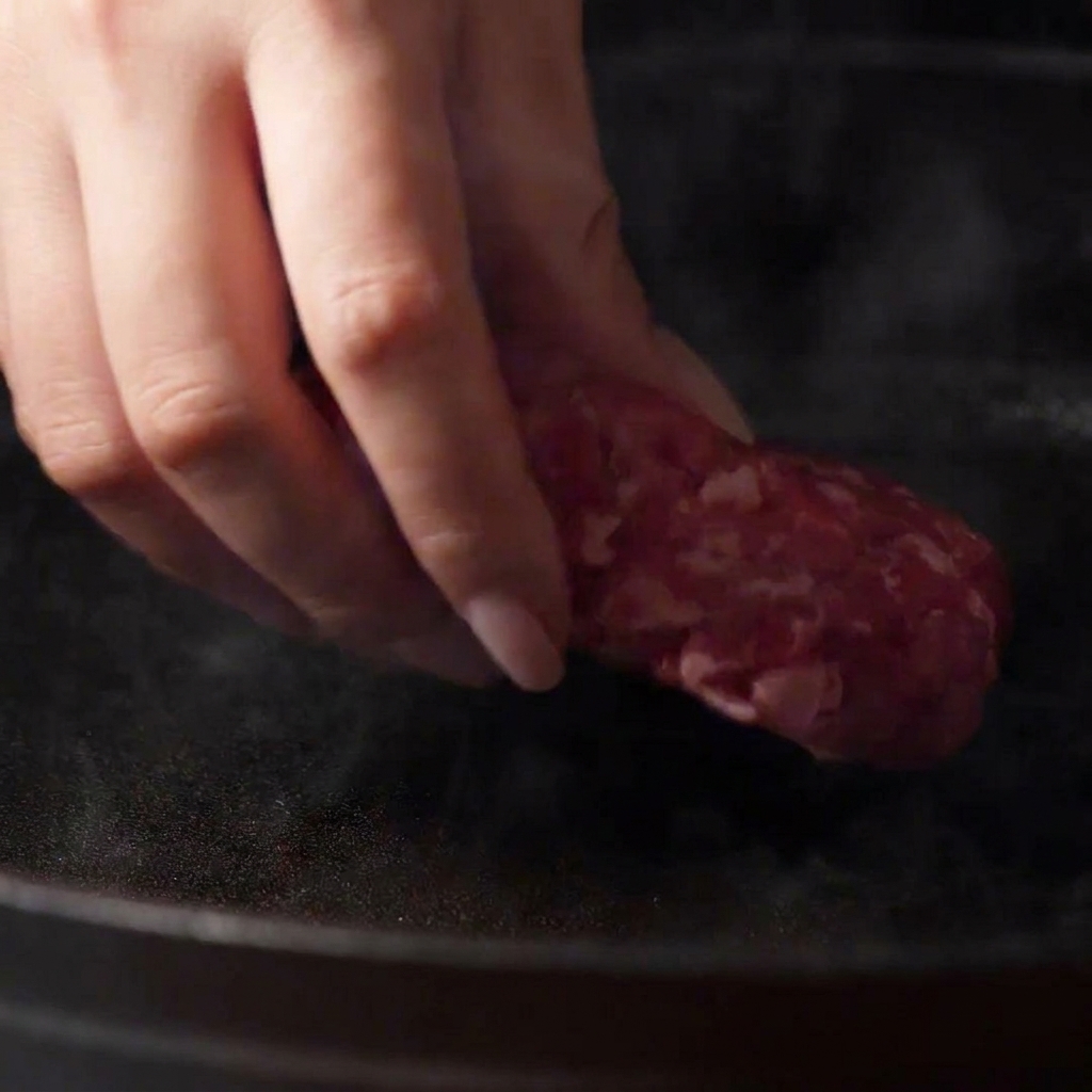 Hand placing a shaped raw beef patty onto a smoking hot dark skillet.