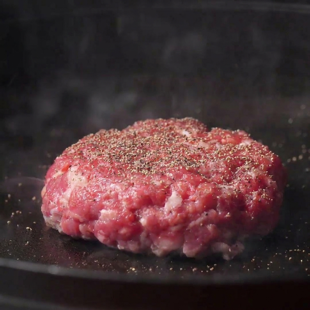A thick, raw ground beef patty sizzling in a hot cast iron skillet, being seasoned with black pepper and salt.