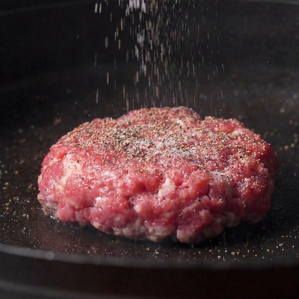 A metal spatula turning a seared beef patty over in a hot pan.