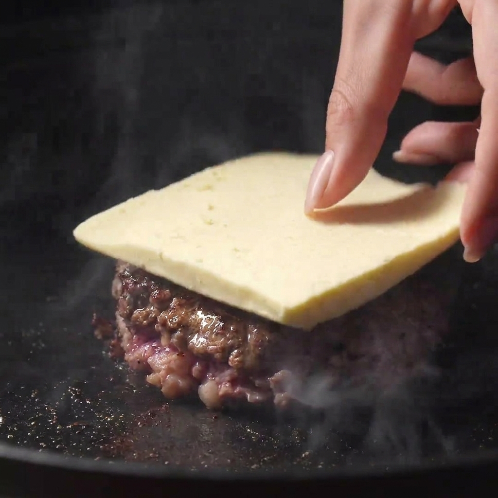 Hand placing a thick square slice of cheese onto a flipped, seared beef patty in a hot pan.
