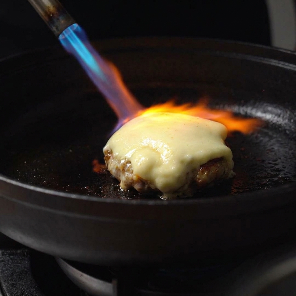 A bright blue and orange blowtorch flame caramelizing thick melted cheese draped over a beef patty.
