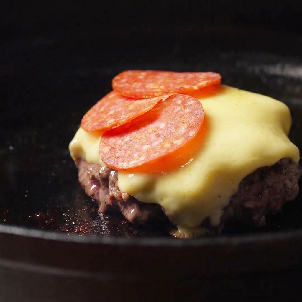 Slices of bright red salami arranged in an overlapping pattern on top of gooey melted cheese over a burger patty.