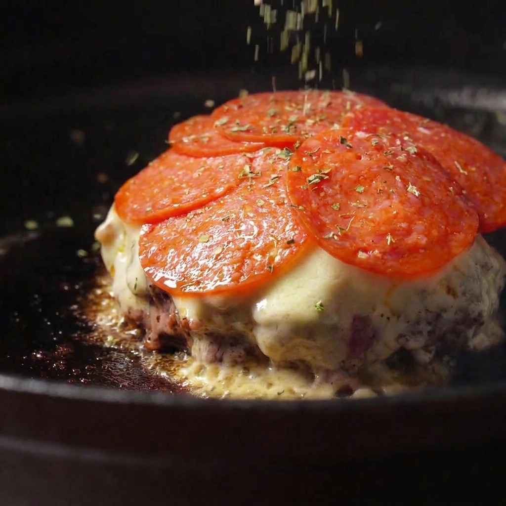 Dried green herbs falling onto a stack of salami layered over a cheese-covered beef patty in a dark skillet.