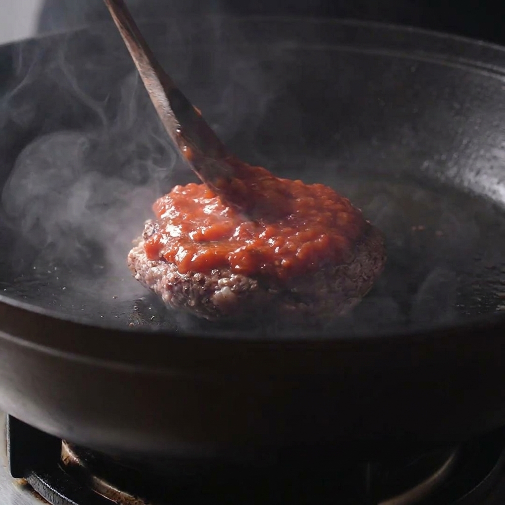 A wooden spoon spreading rich red tomato sauce over the crusty, seared top of a second beef patty cooking in a steaming hot pan.