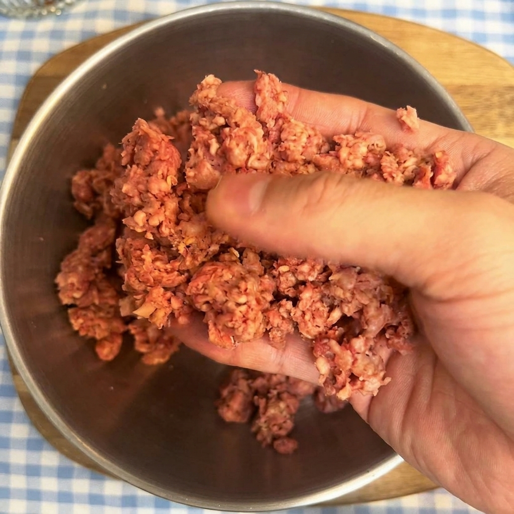 A hand gently kneading a portion of raw ground beef inside a metal mixing bowl.