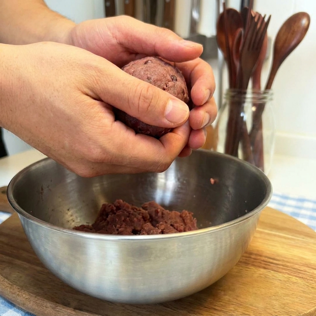 Two hands holding and firmly shaping a round ball of raw ground beef.