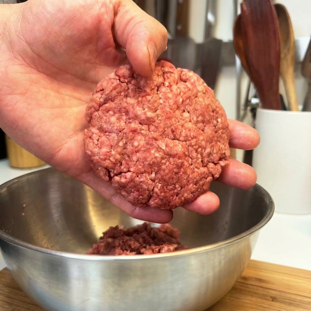 A perfectly shaped, thick raw beef burger patty resting on a persons palm.