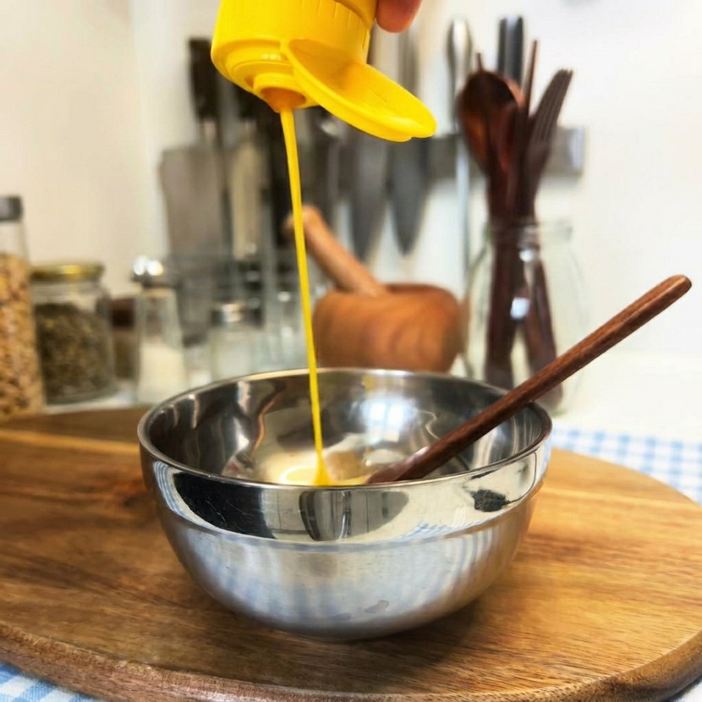 Bright yellow mustard being squeezed from a bottle into a small metal bowl.