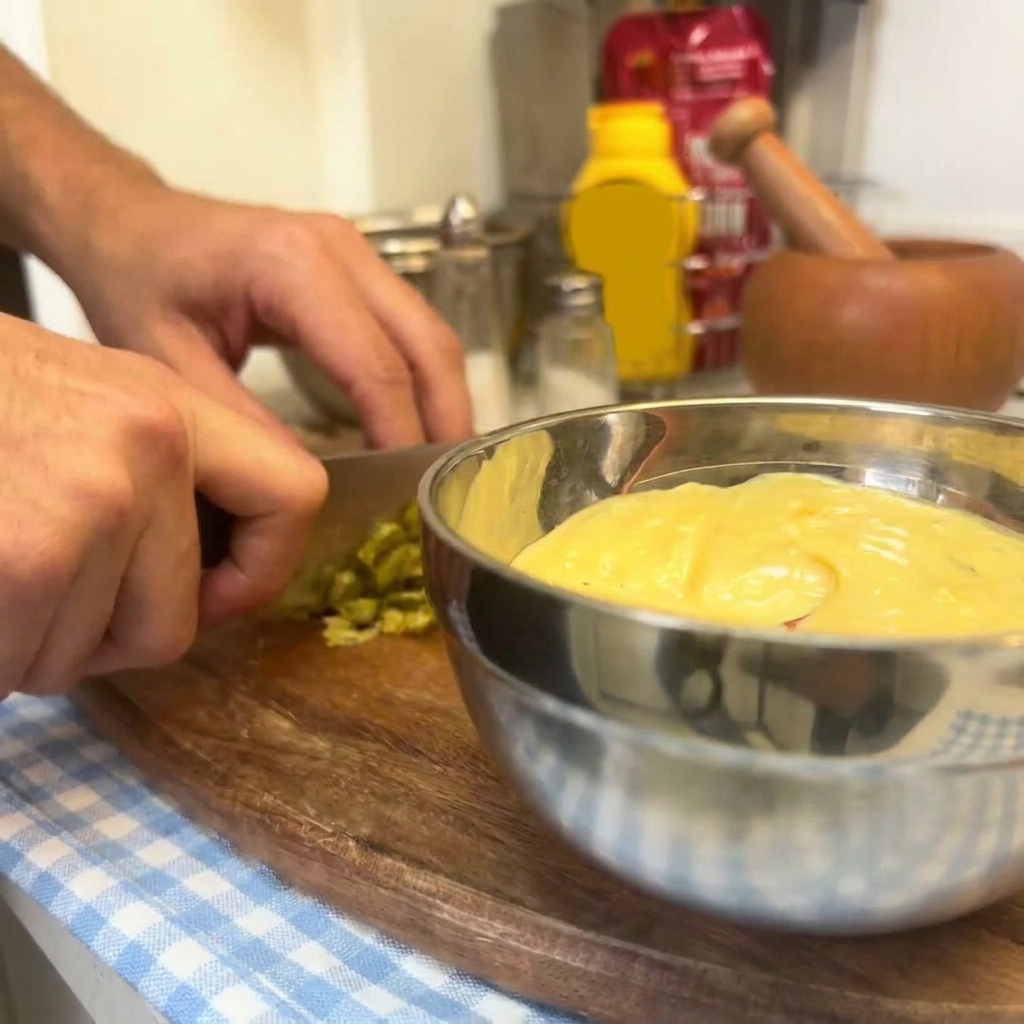 Hands scraping chopped pickles off a cutting board into a stainless steel bowl with a yellow sauce.