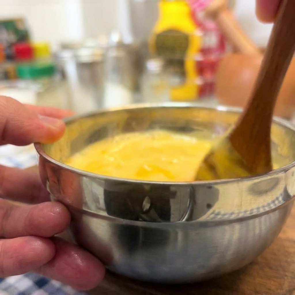 A hand stirring a creamy, pale orange burger sauce in a metal bowl using a wooden spoon.