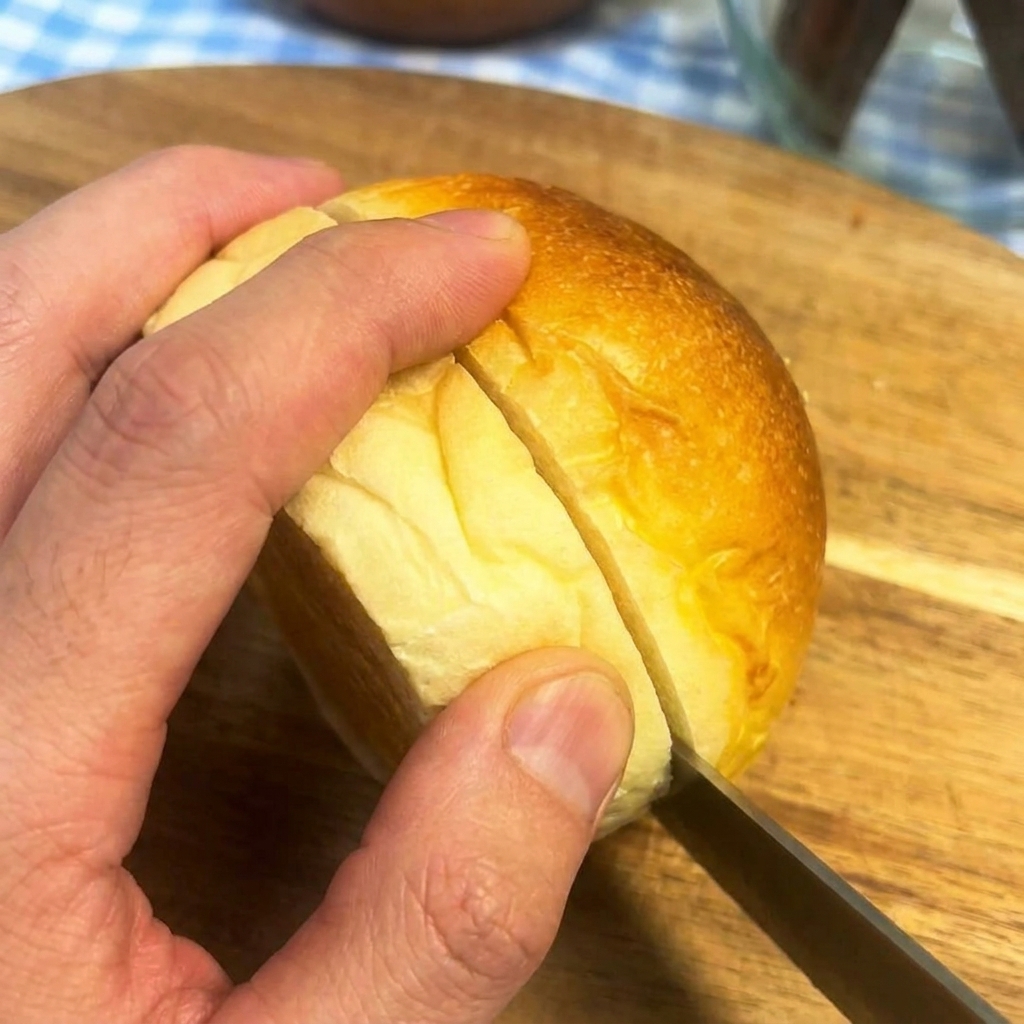 A hand holding a burger bun while slicing it horizontally with a knife on a wooden board.