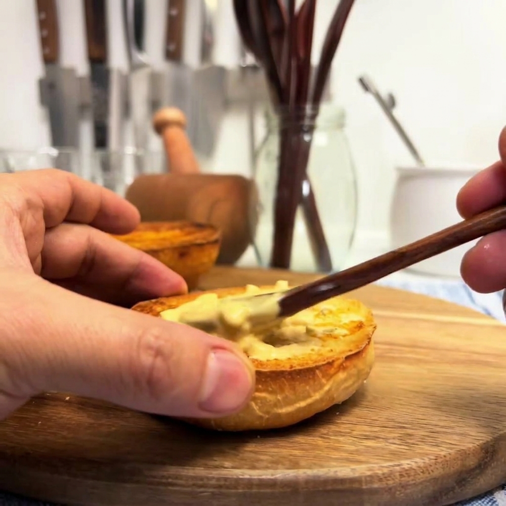 A hand using a wooden spreader to apply a creamy burger sauce onto a golden, toasted bottom bun.