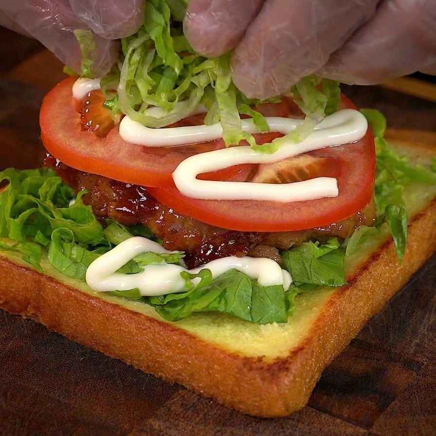 Adding a pile of shredded green lettuce on top of a tomato slice and mayonnaise during sandwich assembly.
