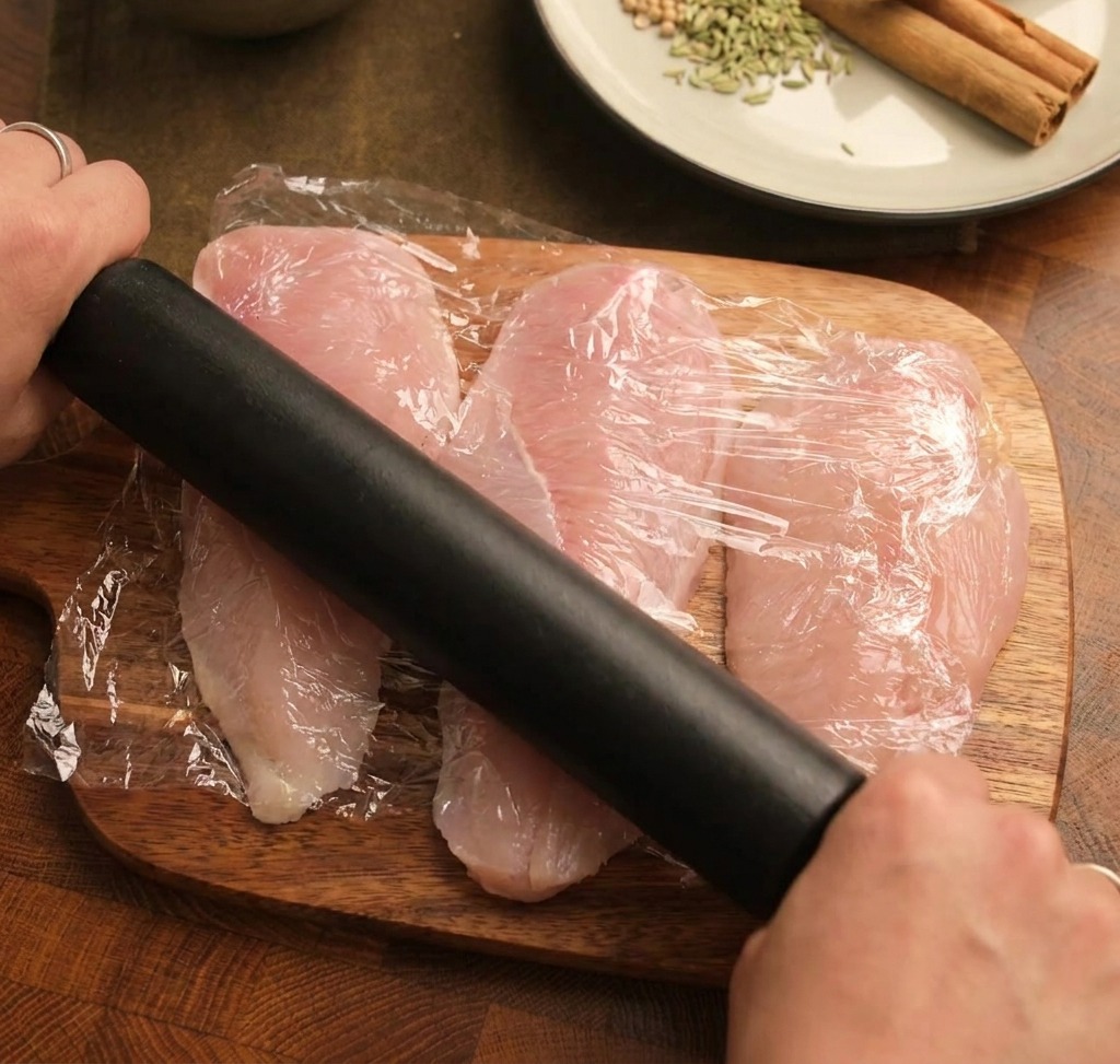 A rolling pin being used to pound raw chicken cutlets flat through a layer of plastic wrap on a wooden board.
