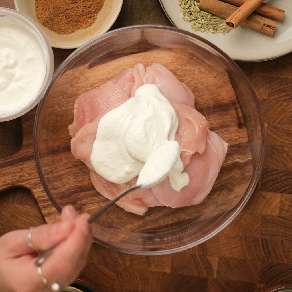 Spooning white yogurt over raw chicken breasts in a glass bowl.