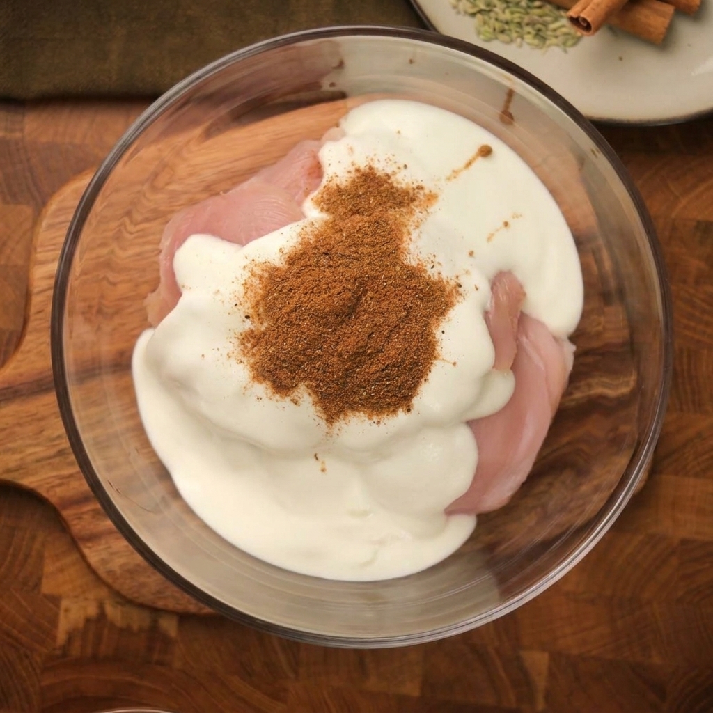 A glass bowl containing raw chicken and white yogurt topped with a generous portion of brown spice powder.