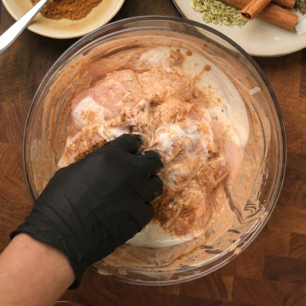 A person wearing a black glove mixing raw chicken pieces with yogurt and brown spices in a clear glass bowl.