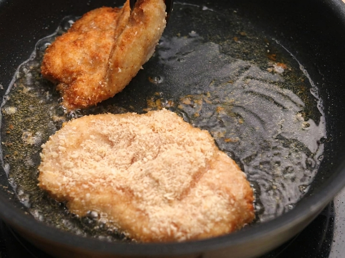 Golden-brown breaded chicken breasts frying in a pan with hot oil.