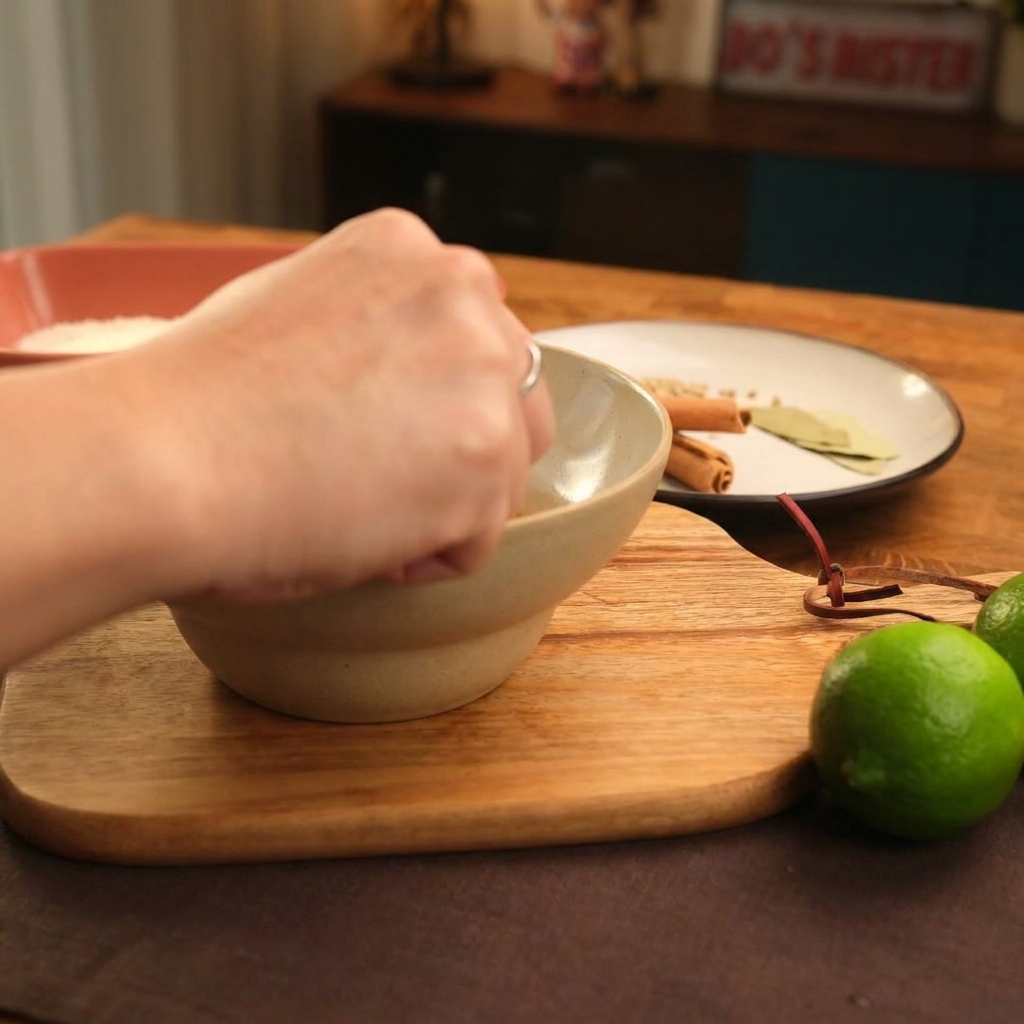 A hand squeezing fresh lime juice into a bowl of spicy mayonnaise dressing.