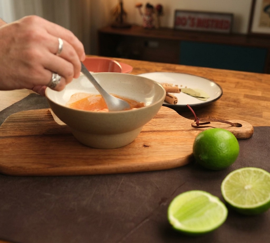 A hand stirring a creamy, orange-colored Harissa mayonnaise sauce in a beige bowl with a metal spoon.