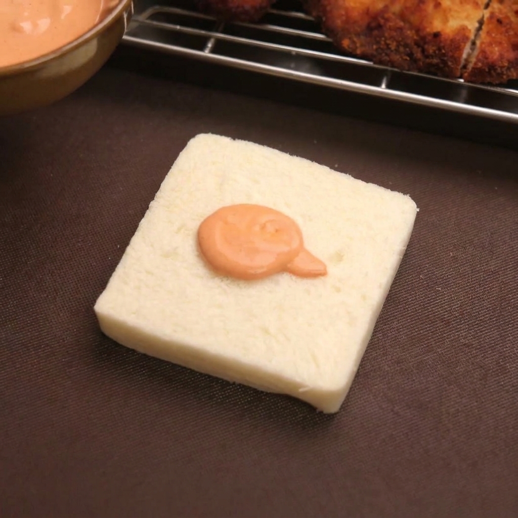 A dollop of orange Harissa mayonnaise on a square slice of white bread.